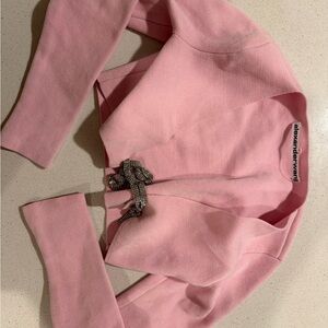 Alexander Wang Pink Cropped Knit Sweater with Rhinestone Bow Accent